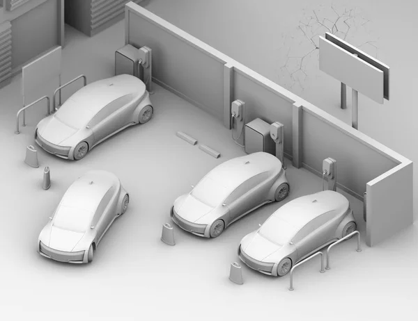 Vista Isométrica Argila Sombreamento Renderização Carros Elétricos Estacionamento Imagem Renderização — Fotografia de Stock