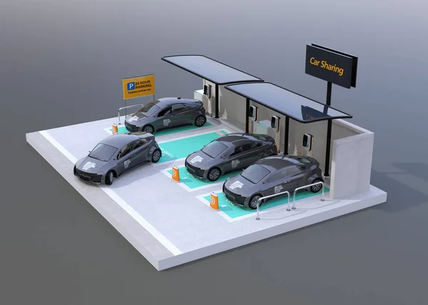 共有駐車場太陽電池パネル 灰色の背景に分離されたバッテリー搭載車 のレンダリング画像 — ストック写真