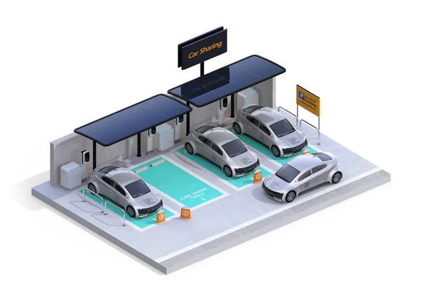 Isometric View Parking Lot Equipped Charging Station Solar Panel Car — Stock Photo, Image