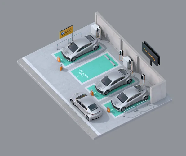Isometrische Weergave Van Parkeerplaats Voor Auto Bedrijf Delen Grijze Achtergrond — Stockfoto