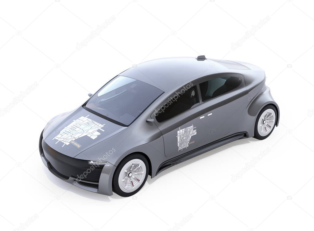 Metallic gray electric car isolated on white background. Car sharing graphic pattern on hood and doors. 3D rendering image.