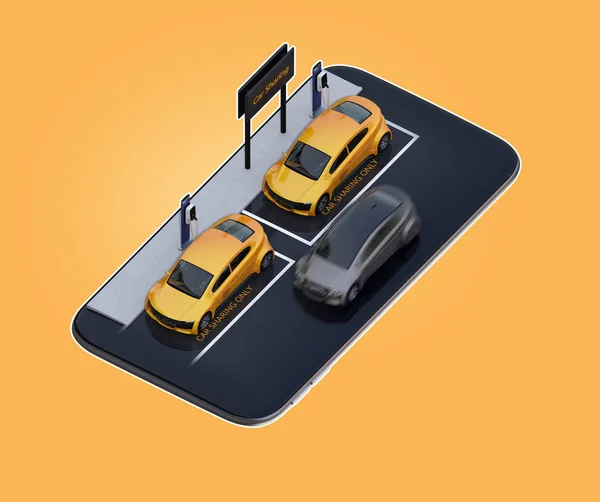 Auto Miniatura Gialla Smartphone Vista Isometrica Concetto Car Sharing Immagine — Foto Stock