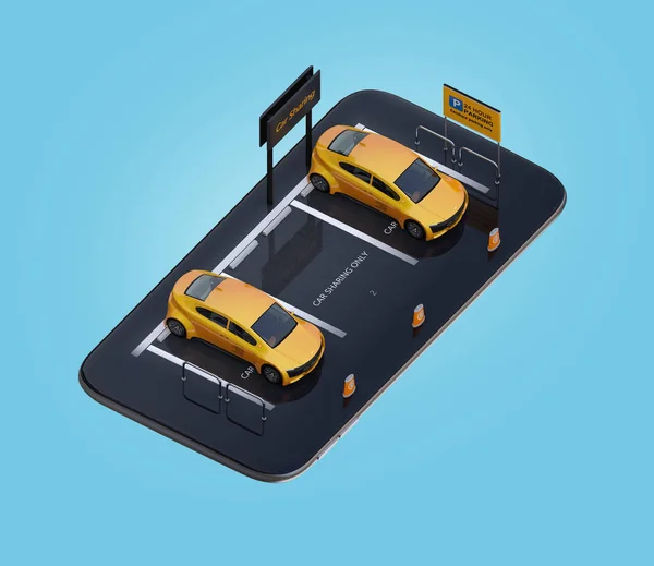 Sárga Miniatűr Autók Smartphone Izometrikus Nézetben Autó Megosztó Fogalma Rendering — Stock Fotó