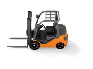 Elektrikli forklift beyaz arka plan üzerinde izole yan görünüm. 3D render resim.