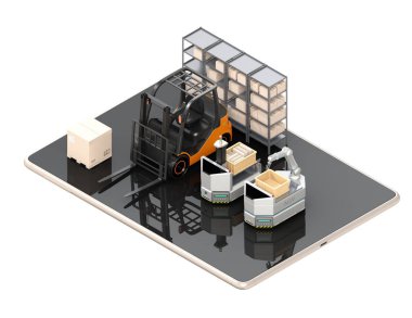 Elektrikli forklift, Agv Tablet Pc. beyaz arka plan. Fabrika otomasyon kavramı. 3D render resim.