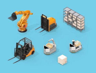 Elektrikli forklift, özerk forklift, Agv, endüstriyel robot mavi zemin üzerine izometrik görünümü. 3D render resim.