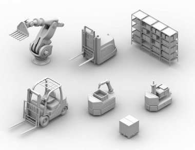 Kil işleme elektrikli forklift, özerk forklift, Agv, endüstriyel robot. izometrik görünümü. 3D render resim.