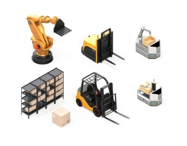 Elektrikli forklift, özerk forklift, Agv, endüstriyel robot beyaz arka plan üzerinde izole izometrik görünümü. 3D render resim.