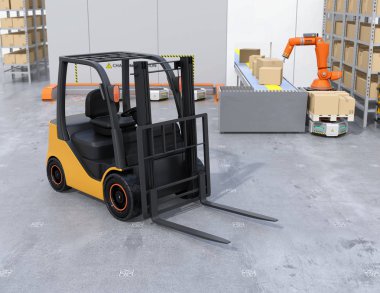 Elektrikli forklift modern dağıtım merkezi yakın çekim görünümü. 3D render resim.