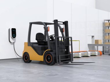 Elektrikli forklift, şarj istasyonu şarj lojistik robotlar. 3D render resim.