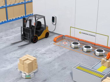 Elektrikli forklift, şarj istasyonu şarj lojistik robotlar. 3D render resim.