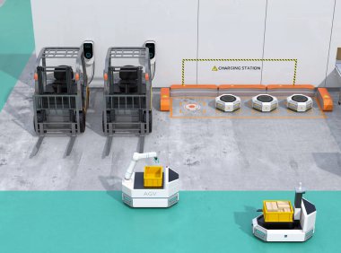 Elektrikli forklift, şarj istasyonu şarj lojistik robotlar. 3D render resim.