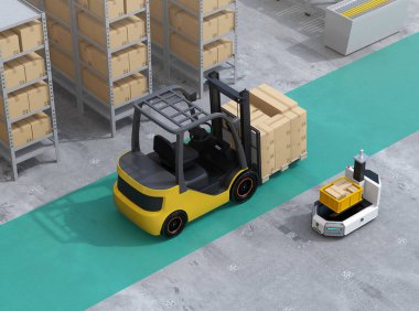 Agv robot, karton ile elektrikli forklift arka görüş modern dağıtım Merkezi'nde kutuları. 3D render resim.