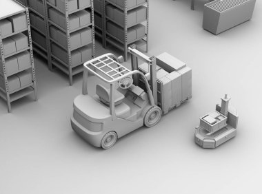 Kil Agv robot oluşturma, elektrikli forklift ile karton kutuları modern dağıtım merkezi. 3D render resim.