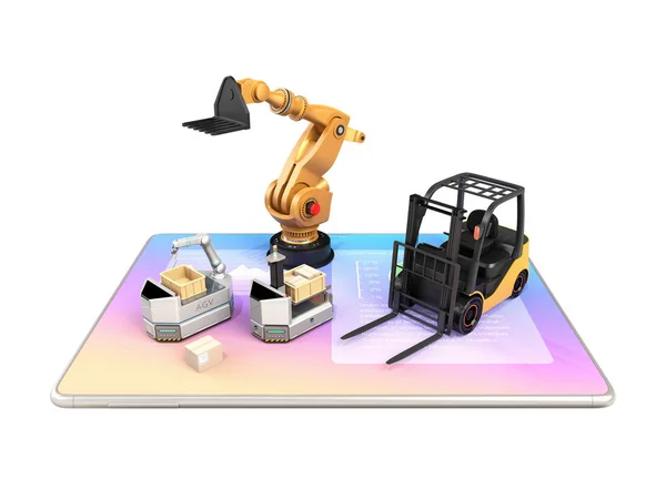 Electric Forklift Agv Industrial Robot Tablet White Background Factory Automation — Stock Photo, Image