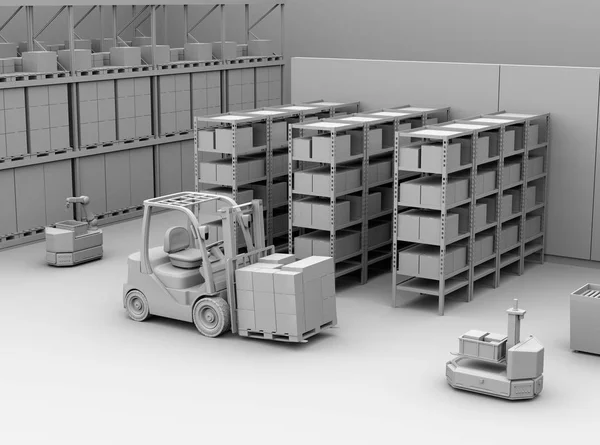 Clay Renderelés Agv Robotok Elektromos Targonca Karton Dobozok Modern Disztribúciós — Stock Fotó