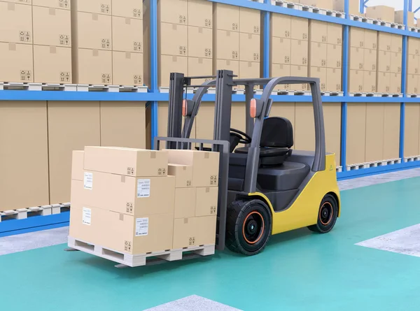 Electric forklift with cardboard boxes in modern distribution center. 3D rendering image.