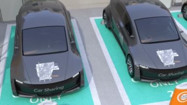 İçinde araba park yerinde sadece paylaşımı metalik gri elektrikli otomobil. 3D render animasyon.