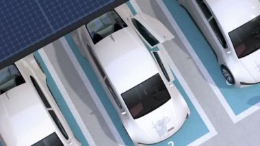 Elektrikli Otomobil araba park paylaşımı bırakarak. Park yeri istasyonları ve pil şarj güneş panelleri ile donatılmıştır. 3D render animasyon.