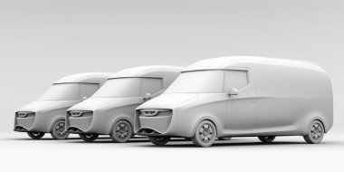 Elektrik güç teslim kamyonlarının gri arka plan üzerinde kil gölgelendirme oluşturma. 3D render resim.