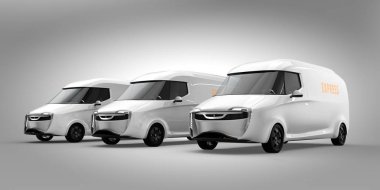 Filo gri arka plan üzerinde beyaz elektrik güç teslim kamyonlarının. 3D render resim.