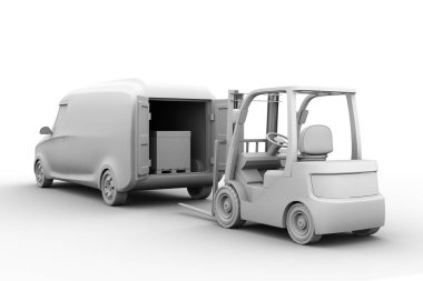 Kil gölgelendirme oluşturma elektrik teslim van ve forklift beyaz arka plan üzerinde. 3D render resim.