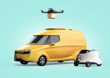 Teslimat uçağı kalkış sarı elektrik güç van, sol tarafta beyaz teslim robot dan. Mavi arka plan. Son bir mil kavramı. 3D render resim.