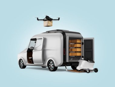 Drone ve parsel sunmak için elektrik güç van bırakarak robot. Son bir mil kavramı. 3D render resim.