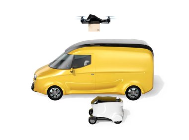 Teslimat uçağı, robot ve beyaz arka plan üzerinde izole elektrik güç van yan görünüm. Son bir mil kavramı. 3D render resim.