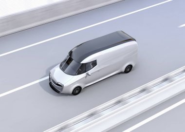 Kendi kendine sürüş teslimat van karayolu üzerinde sürüş. Yan gövde alanı kopyalayın. 3D render resim.