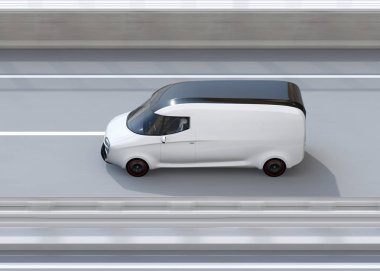 Kendi kendine teslim van karayolu üzerinde sürüş sürüş beyaz yan görünüm. Yan gövde alanı kopyalayın. 3D render resim.