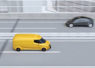 Kendi kendine teslim van karayolu üzerinde sürüş sürüş sarı yan görünüm. Yan gövde alanı kopyalayın. 3D render resim.