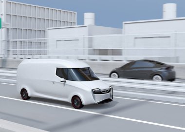 Kendi kendine sürüş teslimat van karayolu üzerinde sürüş beyaz. Yan gövde alanı kopyalayın. 3D render resim.