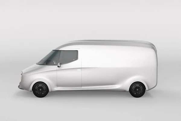 Side view of white electric powered delivery van with copy space on the body. 3D rendering image.