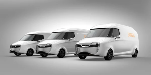 Fleet of white electric powered delivery vans on gray background. 3D rendering image.