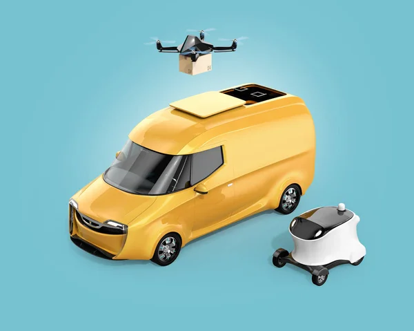 Delivery drone takeoff from yellow electric powered van, white delivery robot on left side. Blue background. Last one mile concept. 3D rendering image.