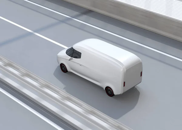 rear view of white self-driving delivery van driving on highway. Copy space on side body. 3D rendering image.