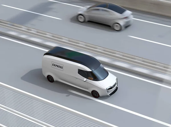 White self-driving delivery van driving on highway. 3D rendering image.