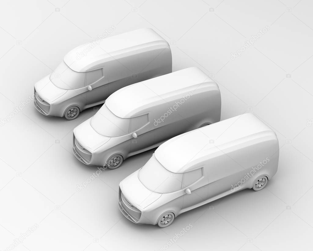 Clay shading rendering of electric powered delivery vans on gray background. 3D rendering image.