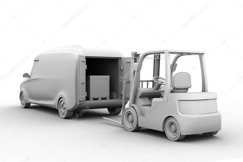 Clay shading rendering of electric delivery van and forklift on white background. 3D rendering image.