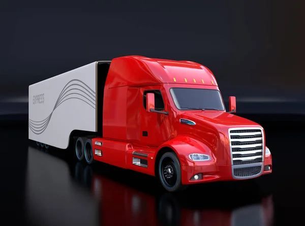 Metallic red American fuel cell powered truck on black background. 3D rendering image.