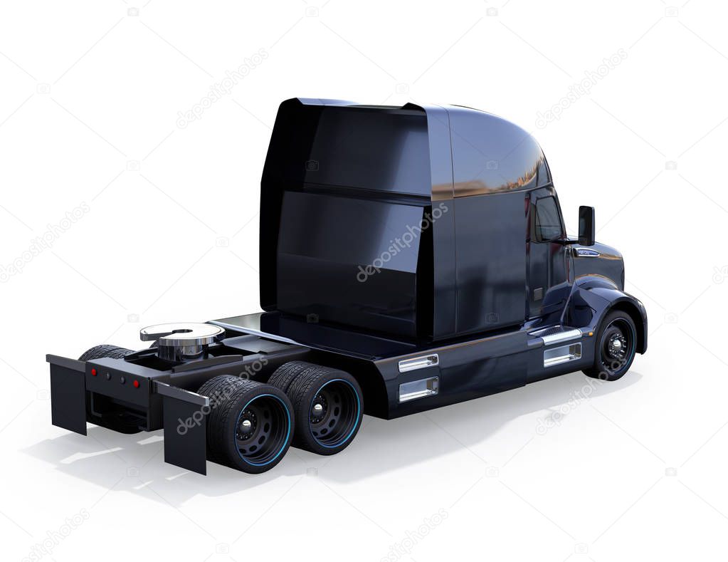 Rear view of black American fuel cell powered truck cabin isolated on white background. 3D rendering image.