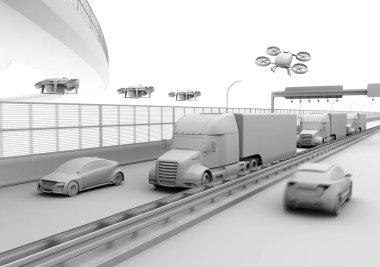 Kargo uçağı Amerikan kamyonları, işleme ve uçan araba kil. Lojistik ve taşımacılık kavramı. 3D render resim.