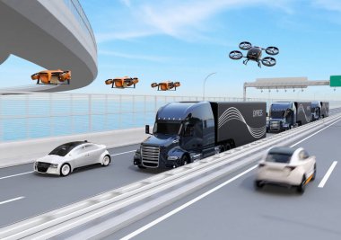Fleet of American Trucks, cargo drones and flying car. Logistics and transportation concept. 3D rendering image. clipart
