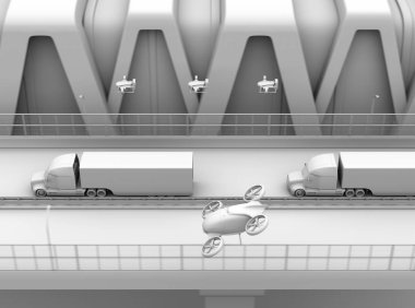 Kargo uçağı Amerikan kamyonları, işleme ve uçan araba kil. Lojistik ve taşımacılık kavramı. 3D render resim.