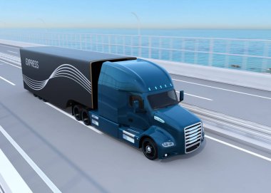 Metalik mavi yakıt hücresi Powered Amerikan karayolu üzerinde kamyon sürme. 3D render resim.