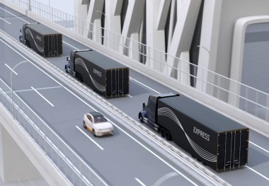 Yakıt hücresi Amerikan Kamyon Powered otoyolda sürüş kendi kendine sürüş siyah filosu. 3D render resim.