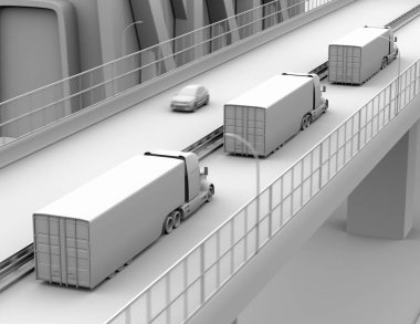 Kil otoyolda sürüş kendi kendine sürüş yakıt hücresi Powered Amerikan kamyon filosu render. 3D render resim.