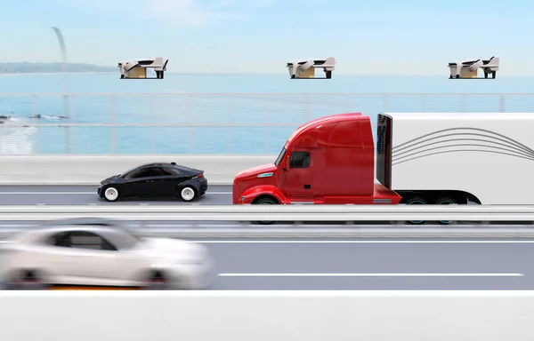 Fleet of American Trucks, cargo drones and flying car. Logistics and transportation concept. 3D rendering image.