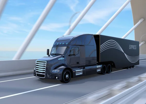 Black Fuel Cell Powered American Truck Rijden Snelweg Rendering Beeld — Stockfoto